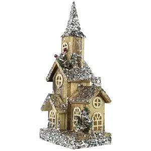 16.75" LED Lighted Country Rustic Brown Church Christmas Decoration with battery operated