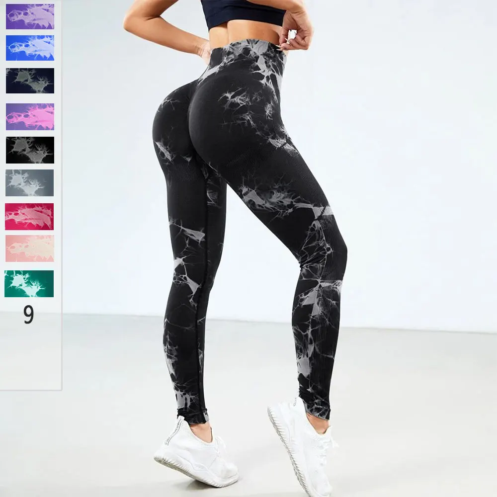 Vente en gros Leggings de yoga sans couture teintés Push up Scrunch Pantalon d'entraînement de fitness Taille haute Contrôle du ventre Sport pour femmes