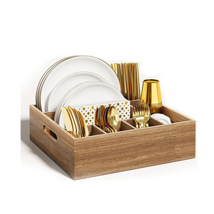 Organizador de cubiertos de madera con múltiples compartimentos y asas, caja de almacenamiento rectangular para picnic, fácil de transportar. - Product Image 5