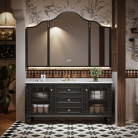 Meuble-lavabo double flottant en bois massif doré avec verre cannelé vintage européen, vasque en pierre et armoire miroir LED intelligente