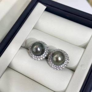 925 Sterling <b>Silver</b> Halo <b>Stud</b> <b>Earrings</b> 10-11mm Natural Color Tahitian Pearl <b>Earrings</b> High Luster Front Flawless Seawater Pearl - Product Image 5