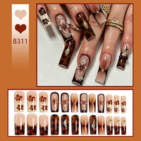 24 faux ongles longs en forme de cercueil à presser, motif écaille de tortue vintage automne, fleurs 3D cerise, avec décorations métalliques