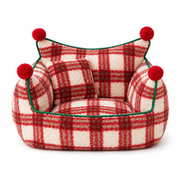 Canapé pour animaux de compagnie YAOYUE avec pompons, en laine d'agneau et polaire, lit pour chat et chien à dossier haut avec coussin, garniture verte non amovible, style Noël