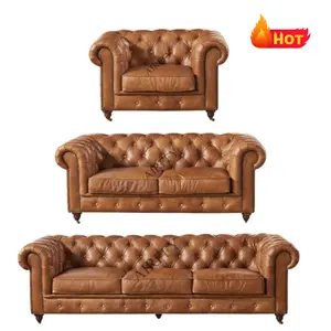 AIRFFY-Ensemble de canapés marron vintage en cuir véritable, meubles pour salon, ensemble de canapés Chesterfield en cuir, OEM/ODM
