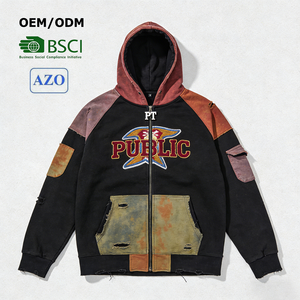 Fabricante ODM Personalizado, Sudadera con Capucha Unisex, Estilo Vintage, con Bloques de Color, Bordado Chenille, Tie Dye, Cierre de Cremallera, Diseño Desgastado - Product Image 1