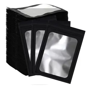 Impression personnalisée Pochette de bonbons refermable noire à 3 joints latéraux Mini sacs zip-lock plats en plastique mylar avec fenêtre transparente