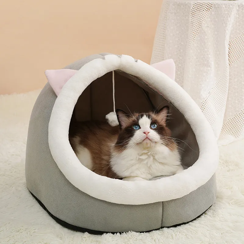 Теплая кровать для кошек, мягкая и удобная, глубокий сон, полузакрытая круглая кровать для домашнего питомца