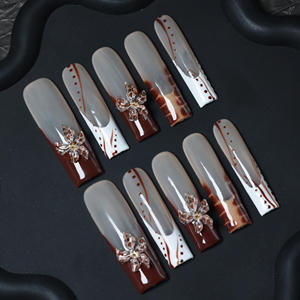 Uñas acrílicas artesanales de alta gama al por mayor, uñas postizas cuadradas de cobertura completa, acabado ombré, flores 3D, personalizables. - Product Image 2