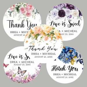 Personalized Engagement Party <b>Stickers</b>, Custom Floral Wedding Favor Labels, Round Thank You <b>Stickers</b> for Guests - Product Image 1