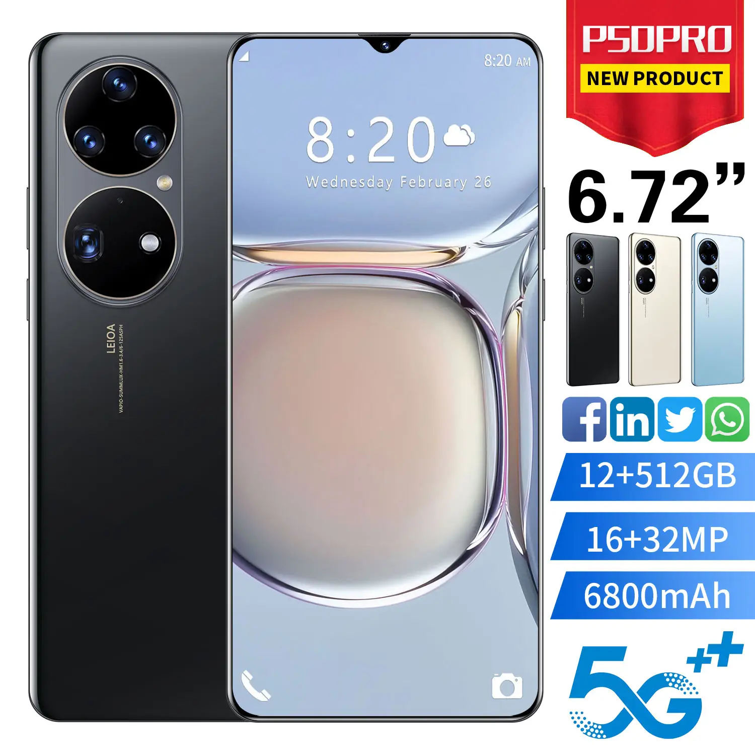 Hot Selling P50 Pro Unlocked 16 + 32Mp 10 Core Dual Sim 12Gb + 512Gb Goedkope Smart telefoon 6.72 Inch Android 8.0 Mobiele Smartphones
