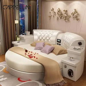 저렴한 현대 스마트 더블 가죽 고급 침대 킹 사이즈 마사지 침실 가구 다기능 라운드 침대 TV