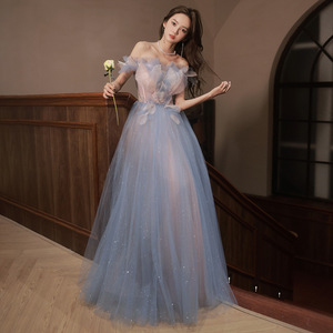 Robe de bal en tulle à épaules dénudées pour femme, robe de <span class=keywords><strong>soir</strong></span>ée formelle longue avec fleurs 3D scintillantes - Product Image 1
