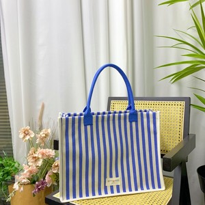 Bolso Tote de lona para mujer con logotipo personalizado, bolso de compras duradero de gran capacidad con rayas azules y asa para viajes y uso en la playa - Product Image 2