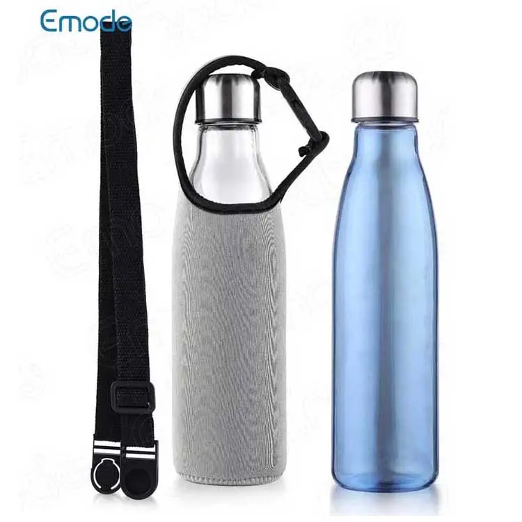 Emode Reusable Eco Friendly Blue Colored Borosilicate Glass Motivational Water Bottle with Neoprene Pouch for Travel Gym Hiking