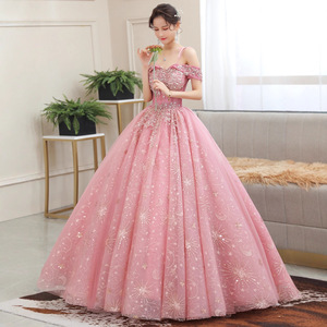 Women's Pink Off Shoulder Ball Gown With Star Embroidery Wedding Evening Dress Stage Performance Costume - Product Image 1