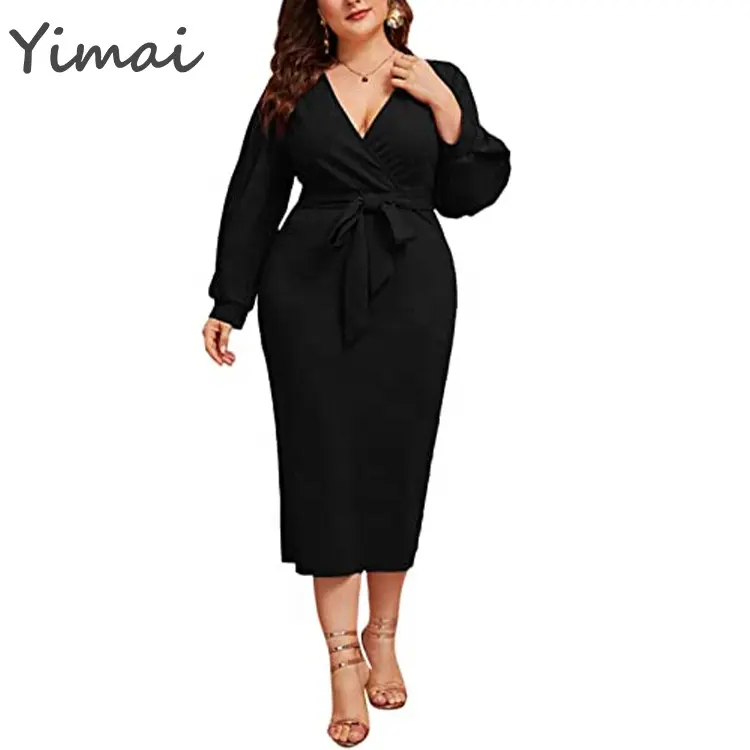 Yimai High Quality Elegant Long Lantern Sleeve Deep V Neck Women's Plus Size Belted Bodycon Dress