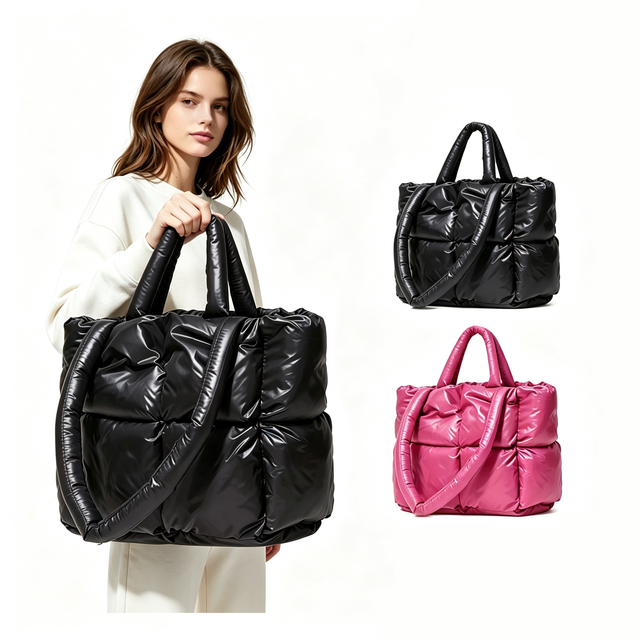 Women Puffer Bag Large Capacity Quilted Padded Handbag Lightweight Nylon Shoulder Bag Fashion Winter Travel Shopping Work Bag