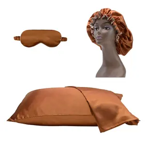 Prêt à expédier cuivre 4 pièces Satin de soie Double couche Bonnets réversibles masque pour les yeux Taie d'oreiller en Satin de soie coffret cadeau