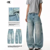 YOFA Jeans Baggy à Jambes Larges en Coton Épais Multi-Poches pour Hommes, Denim Désstructuré, Logo, Vente en Gros Usine