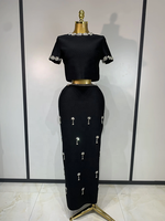 Ensemble deux pièces pour femmes, manches courtes, cristaux brillants, robe longue moulante, sexy, élégante, robe de soirée pour femme de bureau, robe de cocktail