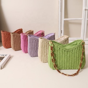 Bolso Tote de Playa para Mujer, Color Morado Sólido, Tejido de Paja, Cierre de Cremallera, Forro de Poliéster, Portátil, para Otoño/Primavera - Product Image 1