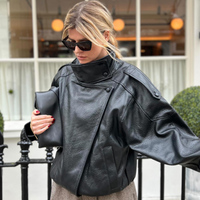ZEVITY Nouvelle Arrivée Blouson Bomber Femme Court Uni Noir Zippé en Similicuir Coupe Oversize Veste d'extérieur Manteau