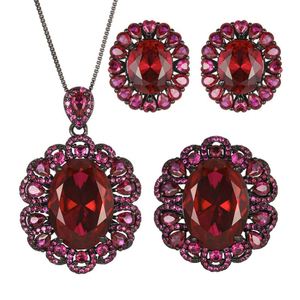 Fashion 13*18-10-12mm Red Zircon Black Gold Plated Eco-friendly Copper Vintage Pendant <b>Earring</b> <b>Set</b> Women's Zirconia Jewelry <b>Sets</b> - Product Image 1