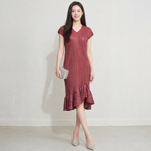 PY 2026 Novedades Vestido Casual Ecológico Plisado para Mujer, Moda con Cuello Redondo, Texturizado, Elegante, con Volantes, Largo hasta la Rodilla, Cintura Natural - Product Image 1