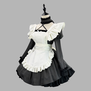 Sweet Striped Maid Costume With Puff Sleeves And Lace Trim For Cosplay Performance Winter 2025 - Product Image 2