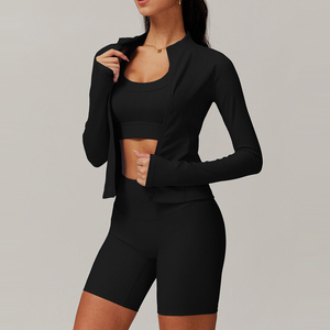 3-Piece <b>Yoga</b> Set Winter Long Sleeve Front Zipper <b>Jacket</b> Sports Shorts Elastic Waist Butt Lifting Four-Way Stretch Breathable - Product Image 1