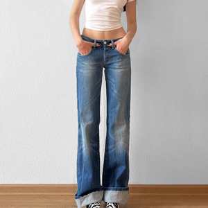 Women Washed Denim Flare Jeans Low Rise Straight Leg <b>Pants</b> Casual Street Style Fashion Trousers - Product Image 2