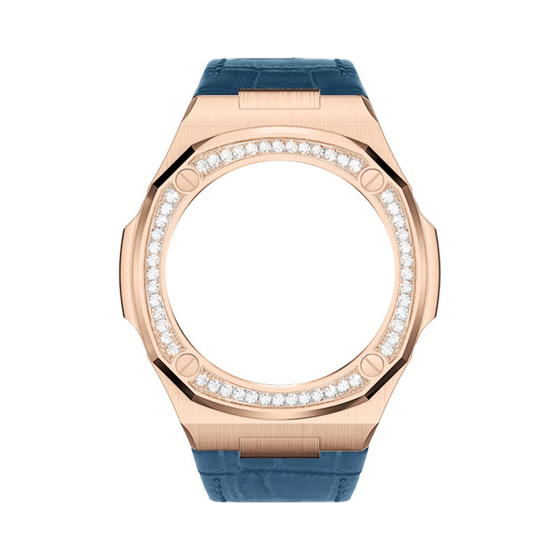 boîtier en or rose-bracelet en cuir bleu