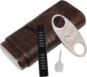 3-Finger <strong>Classy</strong> Black Brown Crocodile Pattern Leather Cigar Case With Small Humidifier and <strong>Cutter</strong> - Product Image 3