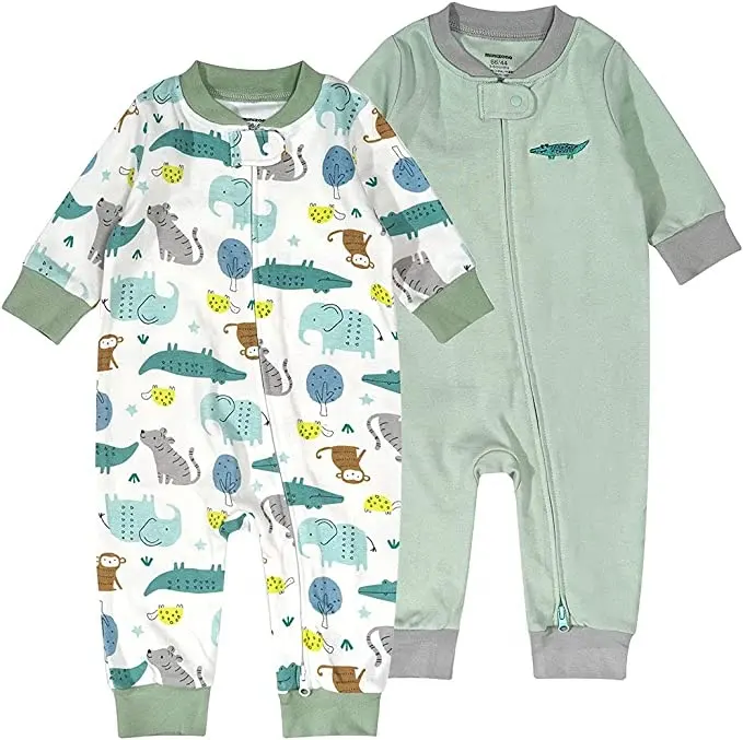100% Cotton with Print Romper Unisex Soft Newborn Baby Infant Sleepsuits 2-way Zipper Jumpsuits OEM Long Sleeves Footless Pajama
