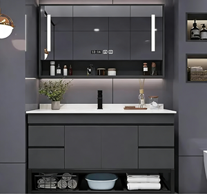 Meuble-lavabo <span class=keywords><strong>de</strong></span> <span class=keywords><strong>salle</strong></span> <span class=keywords><strong>de</strong></span> <span class=keywords><strong>bain</strong></span> gris sur pied en PVC, personnalisé en usine, avec plusieurs tiroirs, durable et résistant à l'humidité, avec vasque en céramique - Product Image 2