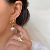 Aretas moda INS estilo 18K oro Acero inoxidable pendientes deslizamiento redondo plástico perla colgante titanio acero pendientes para mujer