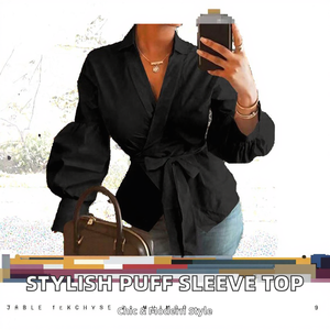 Blusa Negra Cruzada para Mujer con Mangas Abullonadas, Cuello Camisero, Color Sólido, Poliéster, Corte Regular, para Todas las Temporadas - Product Image 2