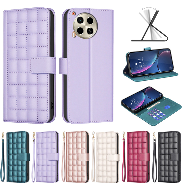 3D Checkered Crossbody Phone Case for Tecno Camon 30 4G Pova 6 Pro Spark 20 Plus GO 2024 20C Pop 8 Leather Lanyard Wallet Cover