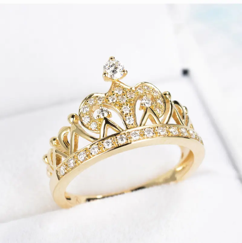 Anel de ouro banhado a ouro 18k, minúsculo cz zircônia cúbica princesa coroa, queen, tiara, promessa, presente, joias, menina