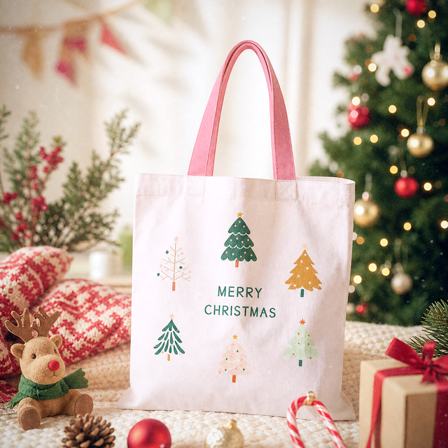 Customizable Eco Friendly Canvas Tote Bag Christmas Reindeer Design Washable Cotton Shopping Bag Wholesale Custom Print Holiday