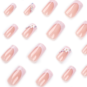 Uñas Postizas Cuadradas Estilo Francés con Flores de Cobertura Completa, Puntas para Arte de Uñas a Precio de Mayoreo con Diamantes Brillantes, Dedos Artificiales - Product Image 2