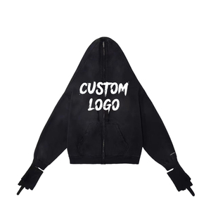 Wholesale High Quality European American Custom Logo High Street Fashion <b>Full</b> <b>Zip</b> <b>Hoodie</b> with Glove Loose Men's Cotton <b>Hoodie</b> - Product Image 3