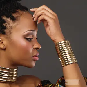 HANSIDON Vintage African Jewelry Sets Gold Color Women Chunky Leather Collar Choker Necklace Bracelets Set Statement Adjustable
