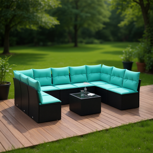 Conjunto de Sofás de Patio de Ratán Sintético Negro con Cojines, Muebles de Jardín para Exteriores, Estilo Contemporáneo, 10 Piezas - Product Image 3