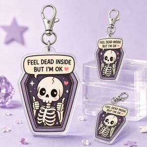 Portachiavi in acrilico personalizzato con scheletro e bara, stile Kawaii Goth, con scritta 'Sento di essere morto dentro ma sto bene', ciondolo divertente per borsa, regalo divertente, all'ingrosso - Product Image 2