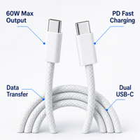 Câble en nylon tressé double USB-C 60W, charge rapide PD, 1m/1,5m/2m, garantie 12 mois pour iPhone et ordinateur portable