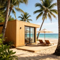 Maisonnette préfabriquée en conteneur avec finition bois, unité unique, portable, pour la plage, alimentée à l'énergie solaire, design étanche, pour chambre à coucher