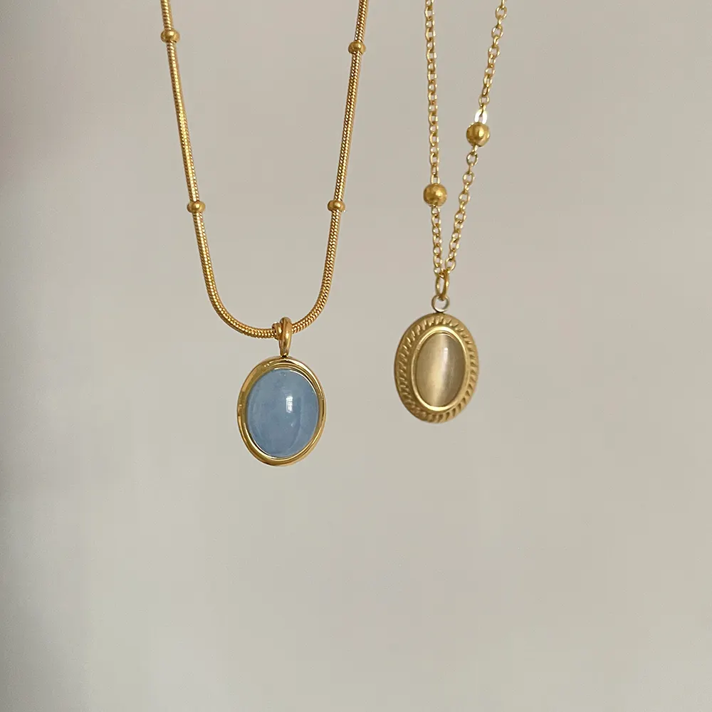 Colar pedra de opala aquamarina azul oval, 2 desenhos, colar de pedra de opala 18k banhado a ouro colar de aço inoxidável para mulheres, vintage, jóias do barroco
