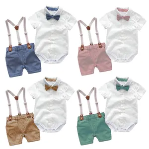 2024 Fashion Baby Clothes 1st Birthday Party Wear Bowtie Romper Baby Boy Outfit Summer Short Sleeve Clothes Baby Boy 0-6 Months