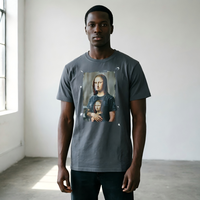 T-shirt en coton lourd 100% avec impression DTG personnalisée, motif amusant Mona Lisa, délavé à l'acide, manches courtes pour hommes